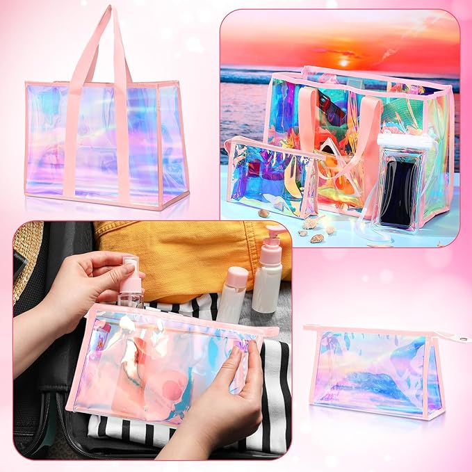 3 Pcs Waterproof Beach Bags Women Clear Iridescent Tote Bag Cosmetic Pouch for Phone Travel Beach Pool Essentials