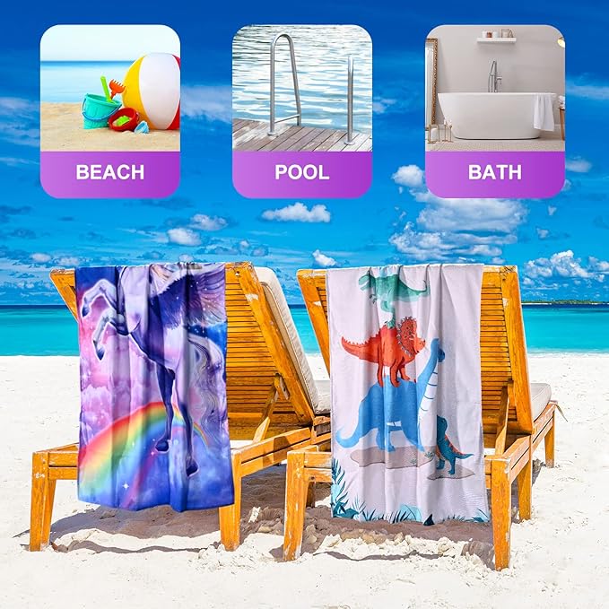 LIVILAN Small Dinosaur Beach Towel for Kids, 24”x48”, Microfiber, Quick Dry, Sand Free, Lightweight, Thin, Perfect for Girls, Boys, Bath, Swim, Shower, Unique Dinosaur Gifts and Decorations