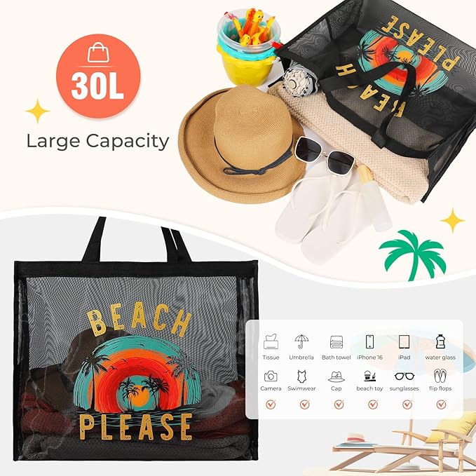 30L Large Beach Bag with Pouch Foldable Sandproof Lightweight Mesh Tote Bag with Two Pockets for Swimming Travel