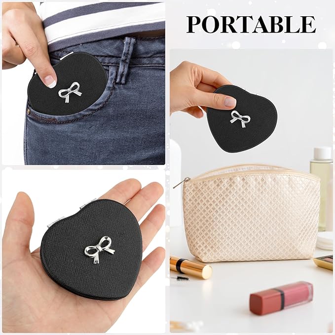 Compact Folding Heart Shaped Double-Sided 1X/2X Magnifying Mini Glitter Makeup Mirror with PU Leather for Women Home, Office and Travel (Silver)