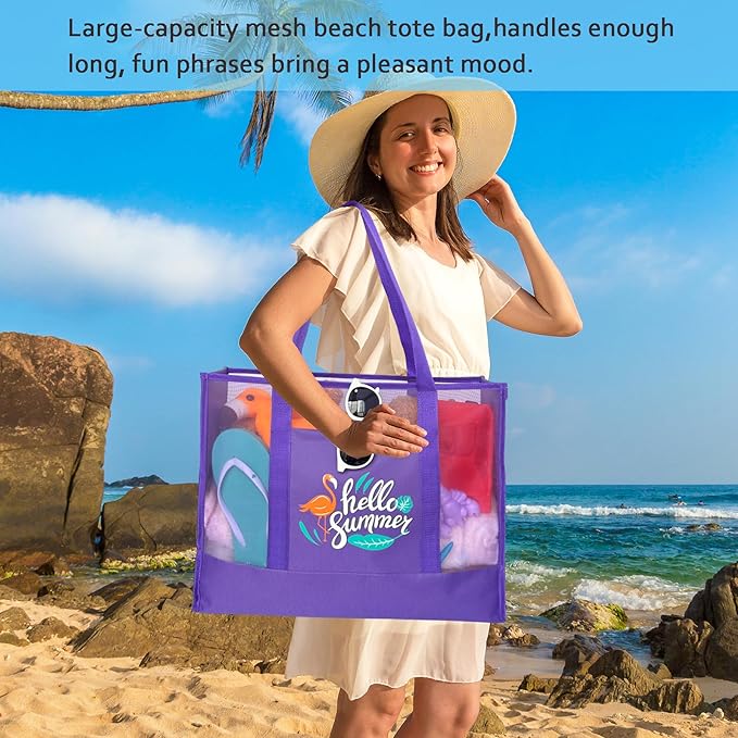 Reusable Large Beach Bags With 2 Pockets & Zipper, Lightweight Beach Tote for Poolside, Trip/swim