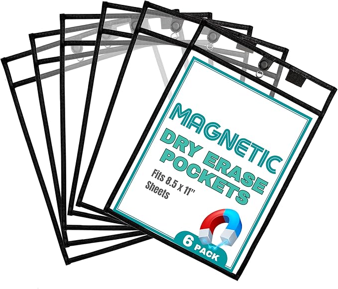 Magnetic Dry Erase Pockets by Two Point (6-Pack) - Portrait - Black Dry Erase Pocket Sleeves, Job Shop Ticket Holders, Clear Paper Sleeves Protectors, Magnetic Pouch