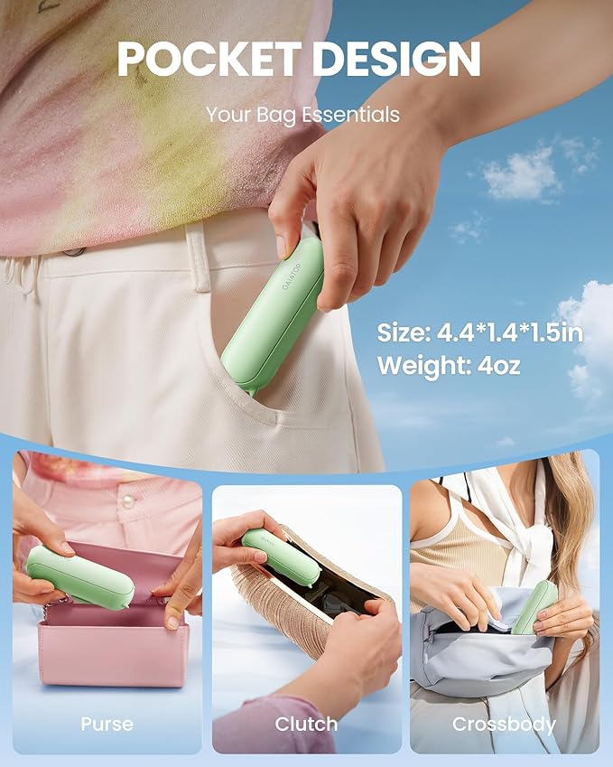 GAIATOP Portable Handheld Fan, 3 IN 1 Mini Foldable Travel Fans [17H Max Cooling Time] with Power Bank, Pocket Design USB Rechargeable for Travel Concert Lash Makeup, Summer Gifts for Women Girl Green