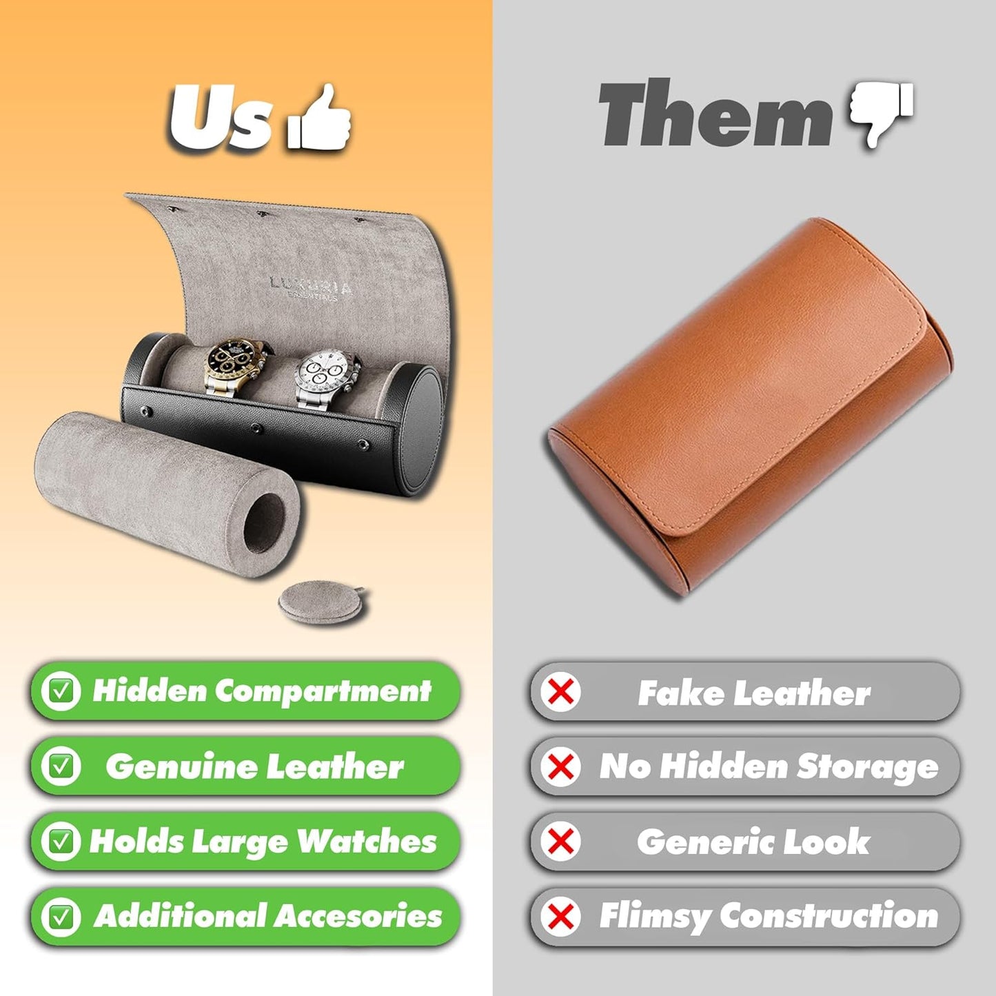 Watch Roll Travel Case for 2 Watches | Hidden Jewelry Storage Compartment, Genuine Leather Watch Roll with Dust Bags & Cleaning Cloth | Fits Men's Wrist Watches & Smartwatches