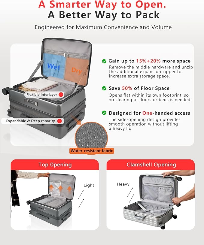 Expandable 20Inch Carry On Luggage Airline Approved - Top Opening Hardside Travel Suitcase Unbreakable -with Cup Holder,USB Charge,Side Pothook, 360°Spinner Wheels, TSA Lock-Grey