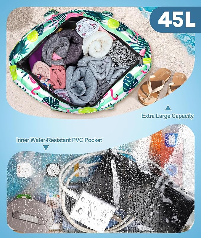 Extra Large Beach Bag Waterproof Beach Totes Bags for Women, Lightweight Foldable Pool Bag with Zipper Wet Compartment