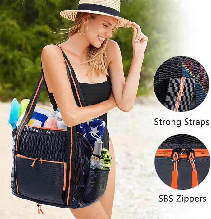 Large Mesh Beach Bag - XL Beach Tote Sandproof - Swim Bag - Large Pool Tote with Pockets for Toiletries, Towel