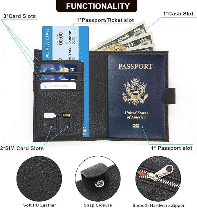 Long Keeper RFID Passport Holder Women Men PU Leather Travel Slim Wallet with Card Holders SIM Slots Zippered Coins Pocket (Pink)
