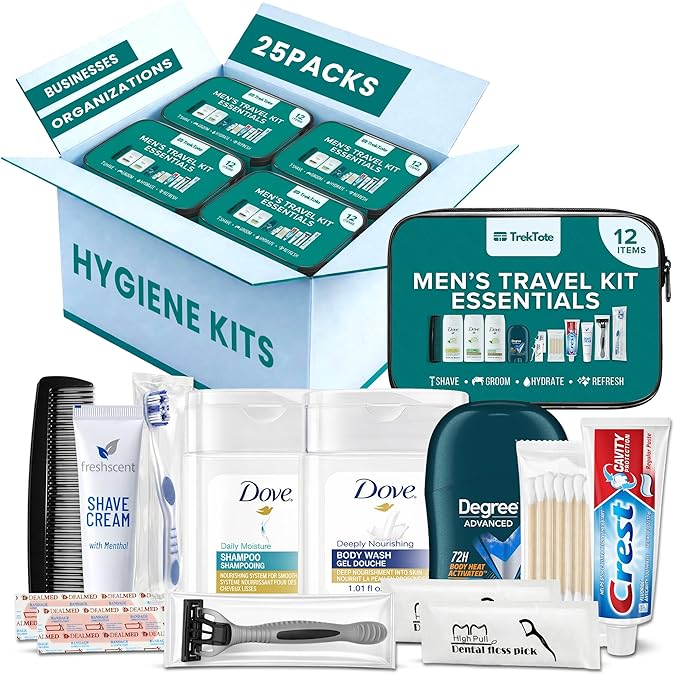 Trektote 12 Piece Men’s Travel Hygiene Kit with Toiletries & Grooming Essentials, TSA-Compliant, Clear Cosmetic Bag - Single or Bulk Packs