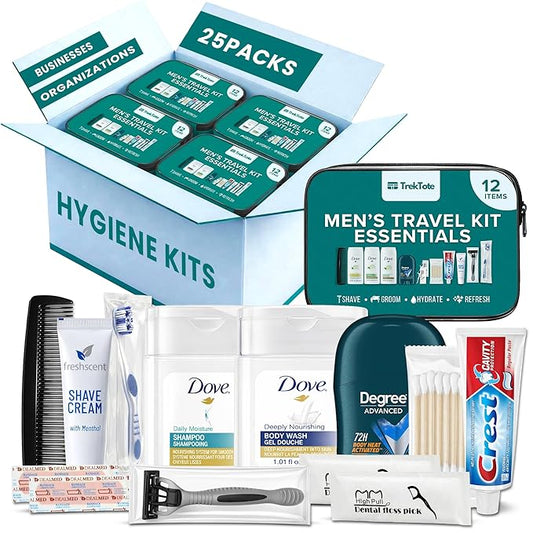 Trektote 12 Piece Men’s Travel Hygiene Kit with Toiletries & Grooming Essentials, TSA-Compliant, Clear Cosmetic Bag - Single or Bulk Packs