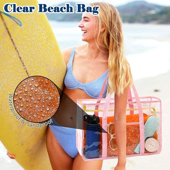 Clear Beach Bag for Women, Large Pool Tote Cruise Vacation Essentials - Zipper Closure, Waterproof, Sandproof