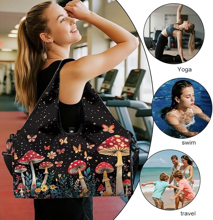Mushroom Butterfly Gym Bag for Women Sports Travel Duffle Bag with Shoe Compartment Lightweight Swim Overnight Weekender Yoga Carry on Bags Gifts for Mom, Wife, Daughter
