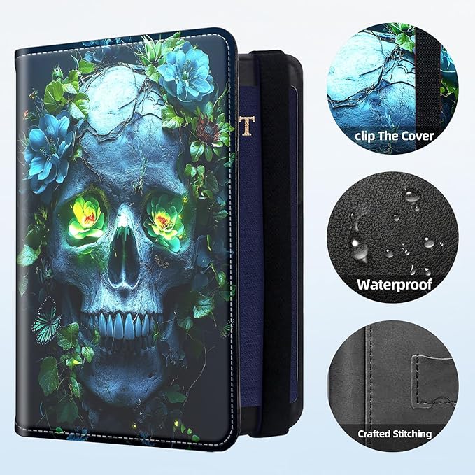 Passport Holder for Travel, RFID Blocking Passport Holder Travel Walle, Passport and Vaccine Card Holder, Vacation Must Haves Travel Accessories for Men Women, Skull Green Flowers