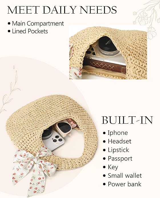 Beach Bags for Women - Handmade Straw Clutch Purses for Women Handbag Zip Closure Tote Bag Lightweight