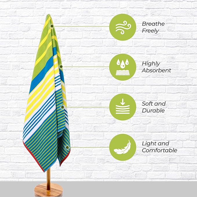 Superior Cotton Beach Towel, Absorbent Oversized Towel for Swimming Pool, Camping, Bathroom, Shower, Large, Quick Drying, Adults, Kids, Colorful, Mira Striped Collection, 68" x 34", Yellow-Green