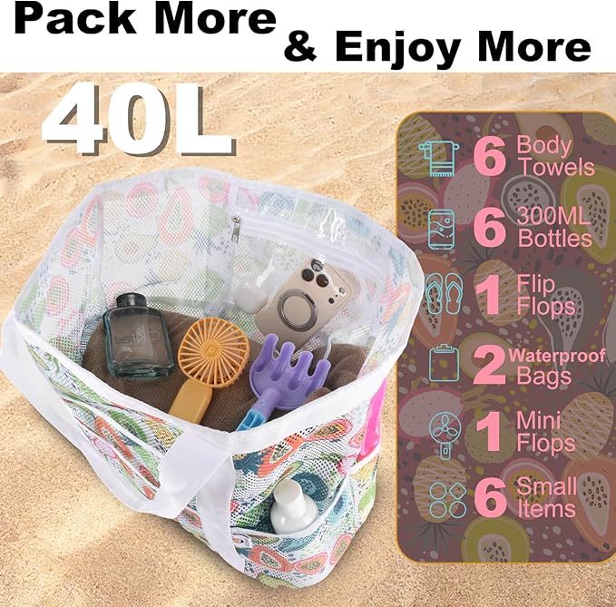 CaCTOUR Mesh Beach Bag,Large Beach Bags for Women with 8 Pockets,Packable Tote Bag for Beach Cruise Pool Vacation Essentials
