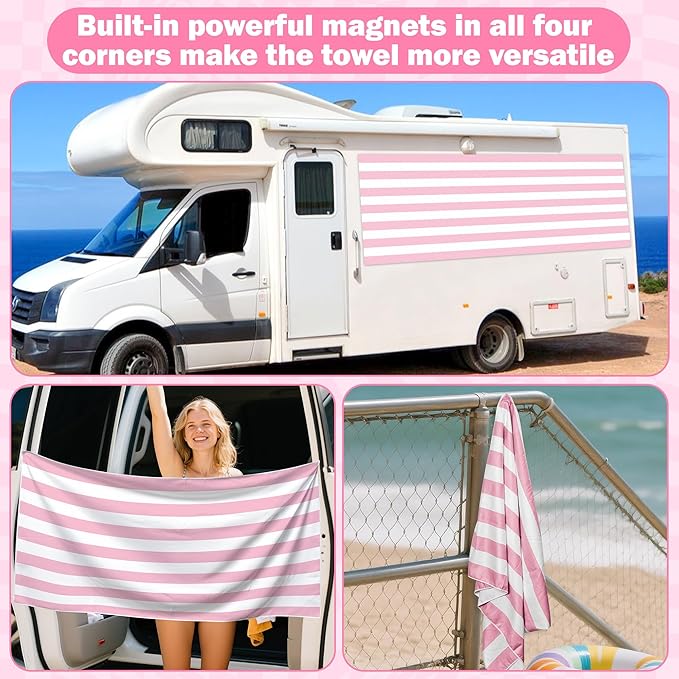 Pink Stripes Magnetic Beach Towel - 75"x30" Sand Free Quick Dry Microfiber Towel with Built-in Magnets Lightweight for Beach Chair Car Door Pool Travel Camping Yoga with Storage Bag