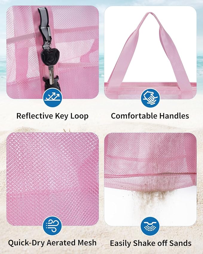 WANDF Mesh Beach Bag for Women, Large Beach Tote Bags with 40oz Tumbler Side Pockets, Family Pool Bag for Swim Toys Towels Cruise Vacation Essentials (Pink) | Breathable
