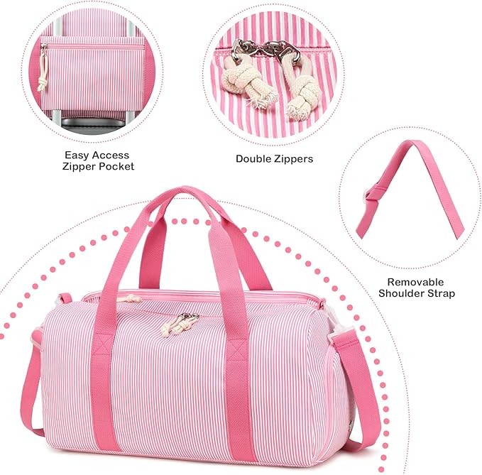 Gym Bag Sports Duffle Bag with Wet Pocket Weekender Overnight Bags with Shoe Compartment for Girls Kids Women Dance Workout Travel Bags (Pink Stripe)