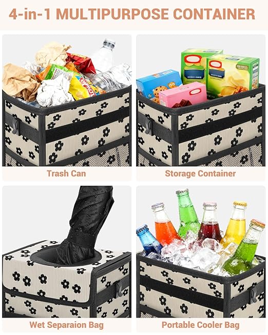 Capolo Car Trash Can with Lid, Leakproof Car Trash Bag Hanging Waterproof Automotive Garbage Can with Storage Pockets Mini Vehicle Trash Bin for Back/Front Seat(Corduroy Black Flower,3 Gallon)
