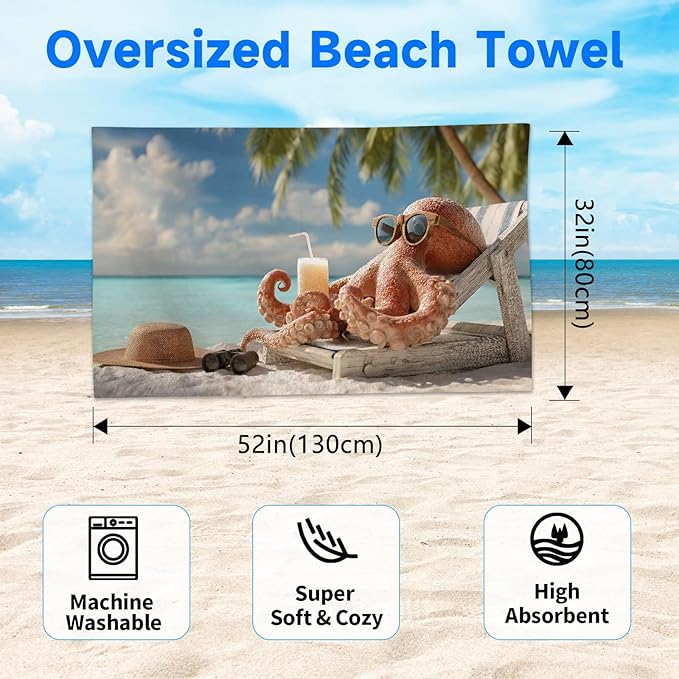 SARA NELL Octopus Beach Towel, Funny Octopus with Sunglasses and Drink Print, Summer Pool Beach Towel for Vacation Travel, Quick Dry Lightweight, 32"x52"