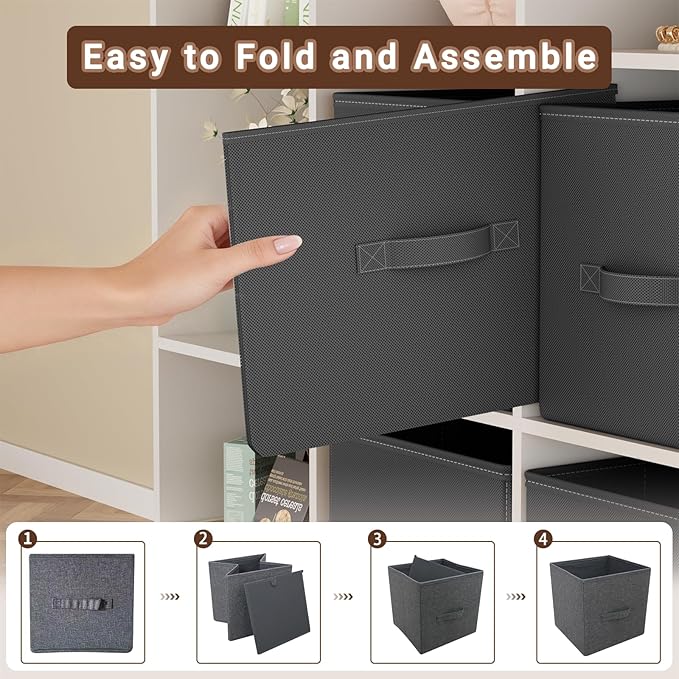 Cube Storage Bins, 11 Inch Fabric Organizers with Handles - Foldable Collapsible Storage Cubes for Shelves, Bedroom, Closet, Cabinet, Bookcase, or Office (Grey, Pack of 2)