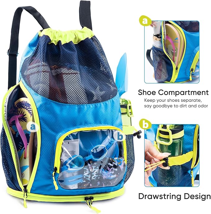 Drawstring Backpack Sandproof - Mesh Backpack Beach Bag with Shoe Compartment - Swim Bag for Beach, Pool - Pool Bag with Pockets for Toiletries - Wet Bag for Swimsuit - Summer Camp Essentials