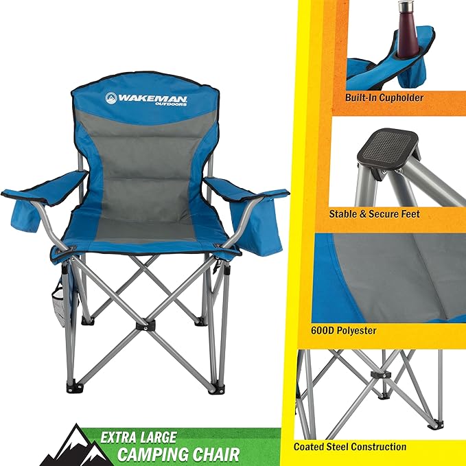 Oversized Camping Chair 300lbs - Heavy Duty Folding Chair with Cooler Pouch and Carry Bag for Camp Sites, Tailgates, or Beach by Wakeman (Blue)