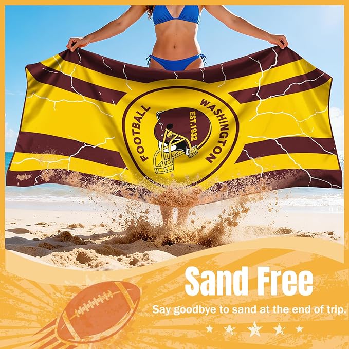 Football Fan Thin Lightweight Microfiber Beach Towel Washington Themed Quick Dry Absorbent Packable Oversized Towels Men Women Gear Commanders Team Husband Guy Christmas Cool Useful Gift