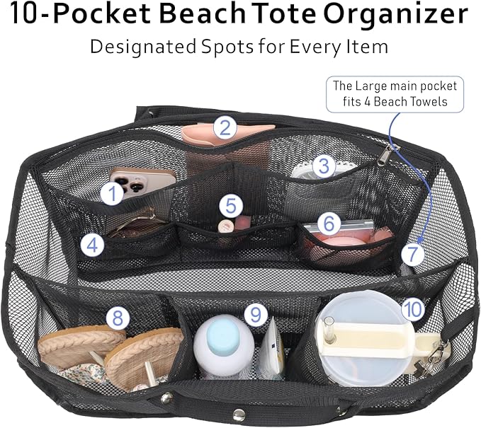 F-color Beach Bag Organizer Insert Compatible with Silicon Bag Original Large, Mesh Tote Liner with 10 Pockets & Adjustable Handle, Lightweight Divider Pouch for Beach Accessories Organizing, Black