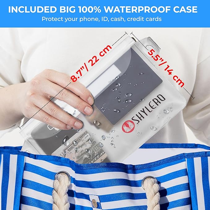 SHYLERO Beach Bag and Pool Bag Has Airtight Pouch, Magnetic Snap Closure. Beach Tote is Water Resistant. Family Size