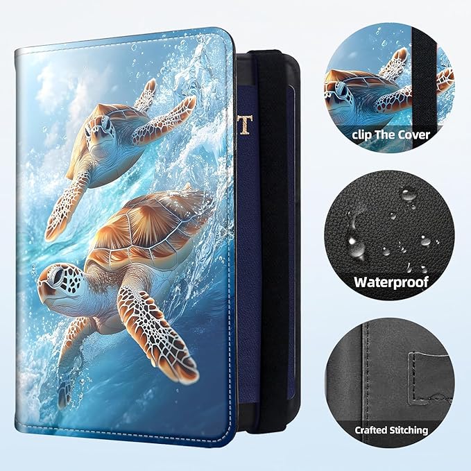 RFID Security Premium Passport and Travel Document Holder Combo, Slim PU Leather Folio Wallet with 3 Card Slots & Boarding Pass Pocket, Secure Elastic Closure Organizer, Colorful Turtle