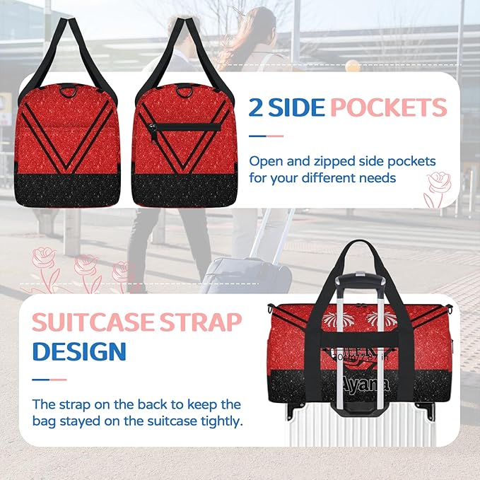 Personalized Travel Sports Bag for Teens, Custom Name Cheerleader Dance Gym Overnight Small Duffel Tote Bag for Practice Gymnastics Ballet, Red Glittering Cheerleading