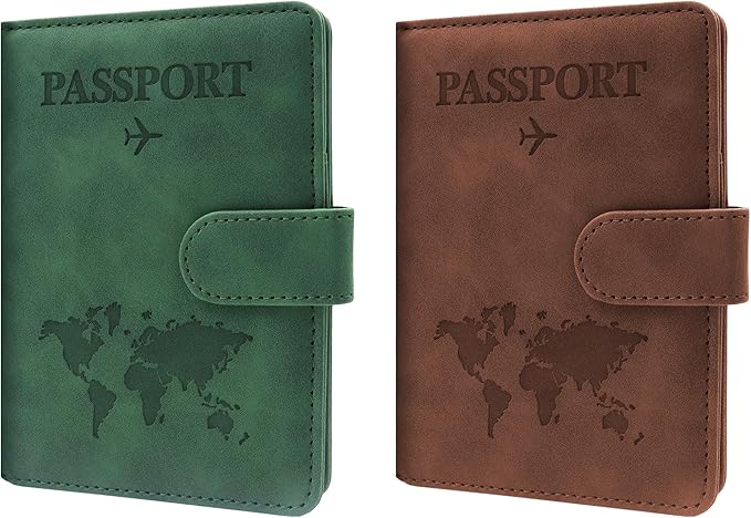 2 Colors Leather Passport Holder for Travel, RFID Blocking Passport Covers with Card and Boarding Pass Slot, Travel Document Holder Essentials for Men, Women (Brown, Dark Green)