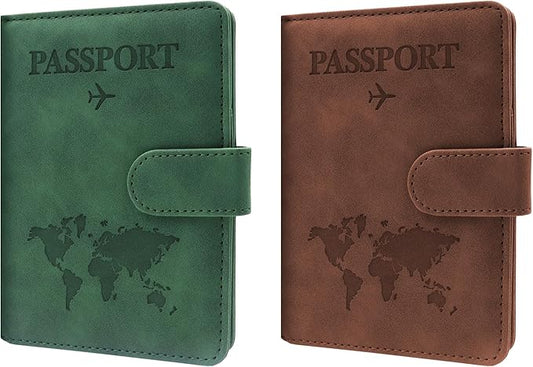 2 Colors Leather Passport Holder for Travel, RFID Blocking Passport Covers with Card and Boarding Pass Slot, Travel Document Holder Essentials for Men, Women (Brown, Dark Green)