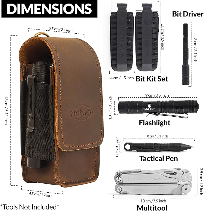 Leather EDC Multitool Sheath with Flip Closure | Leather EDC Belt Organizer | Flashlight Holster | Heavy Duty Multitool Organizer