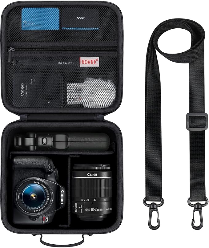 BOVKE Travel Camera Case for Canon EOS Rebel T7/R50/R6 Mark II/R100/R50 V/T6/R8/R10/R5 Mark II/RP/R7/R5/T100 and Other DSLR SLR Cameras, Extra Lens and Tripod with Dividers & Shoulder Strap, Black