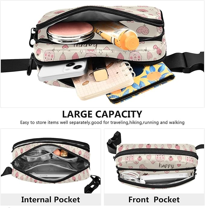 Kawaii Pink Rabbit Strawberry Fanny Pack for Women Men Water Resistant Fashion Waist Packs with Adjustable Strap Belt Bag for Travel Workout Jogging Hiking 21219117