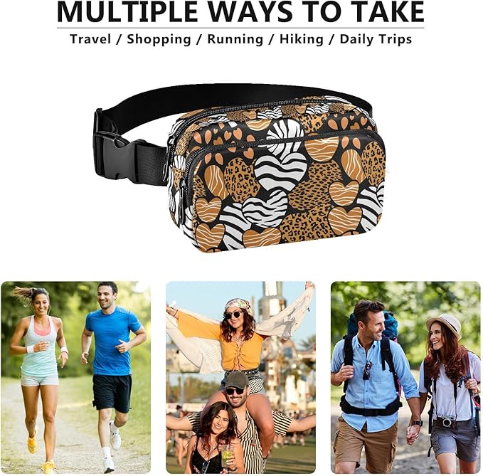 Leopard Zebra Print Heart Fanny Pack for Women Men Water Resistant Fashion Waist Packs with Adjustable Strap Belt Bag for Travel Workout Jogging Hiking 21219451