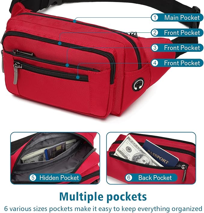 Packism Fanny Packs for Women Men - 6 Pockets Large Crossbody Waist Bag with Adjustable Strap Belt Bag for Travel Running Hiking