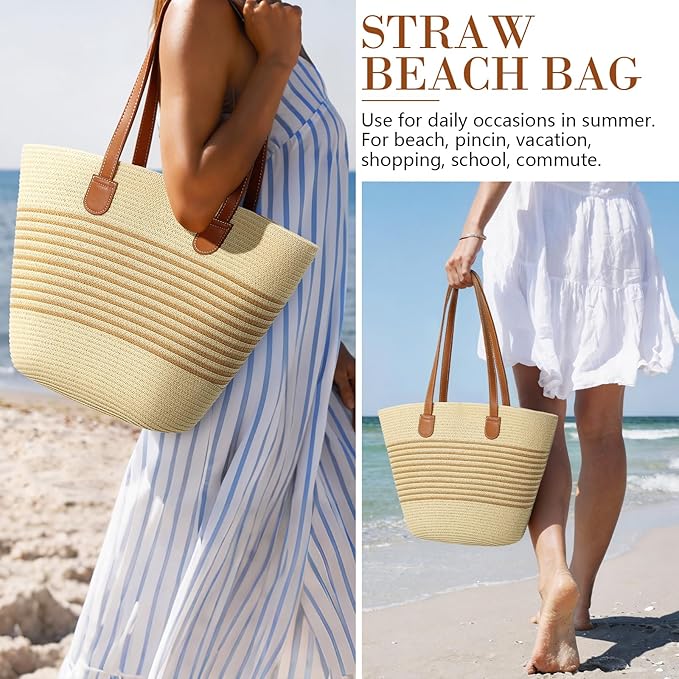 Trifabricy Beach Bags for Women, Summer Straw Beach Bag Straw Purse Shoulder Handbags Large Beach Tote for Summer Vacation