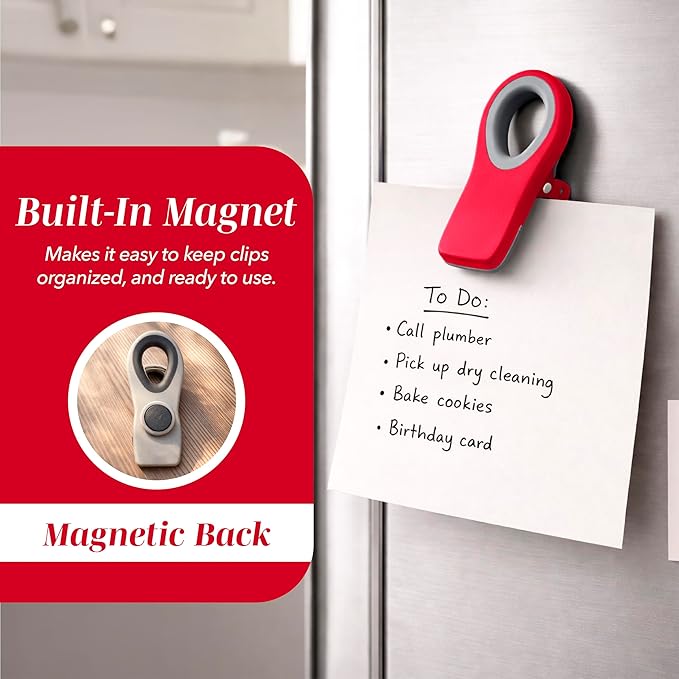 COOK WITH COLOR Bag Clips with Magnet- Food, Chip, Bag Clips for Food Storage with Airtight Seal Grip for Bread, Snack and Food Bags (Red, Pack of 10)