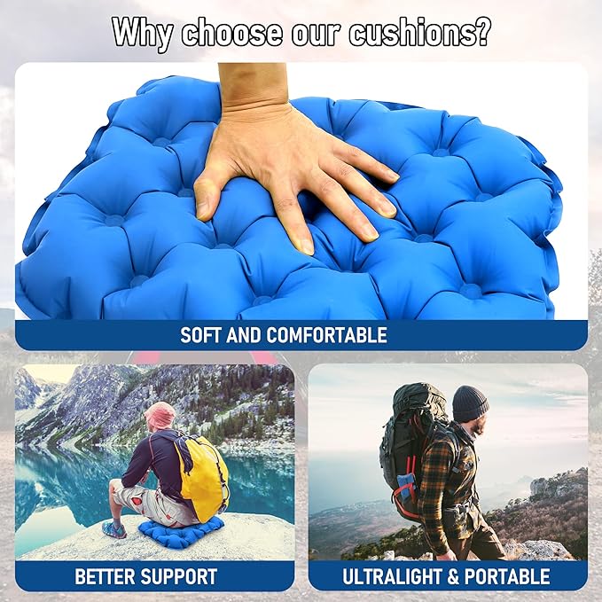 Inflatable Seat Cushion, Lightweight Stadium Seat Pad, Travel Air seat Cushion Anti-Slip for Airplane, Hiking, Climbing, Home and Camping,Blue