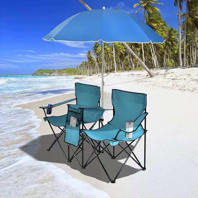 KOTEK Double Camping Chair, Folding Camp Chair with Removable Umbrella, Cup Holders, Cooler Bag, Side Pocket & Carry Bag, 2-Person Beach Chair for Outdoor, Sports, Concerts, Travel, Picnic (Turquoise)