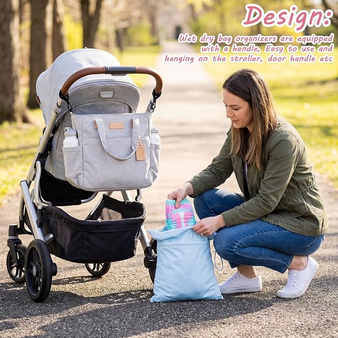 Shappy 4 Pcs Wet Dry Bag for Baby Cloth Diapers Waterproof Wet Bag Washable Travel Reusable with 2 Pocket for Swimsuits for Yoga Gym Travel Beach Pool (Green, Light Purple, Light Blue, Dusty Pink)