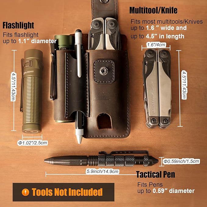 Topstache Leather Multitool Sheath - Multi Tool Holster with Belt Clip - EDC Belt Organizer Fits Multitool, Flashlight, Pen - Leather EDC Pouch Belt Holder Case with Closure Flap, Darkbrown