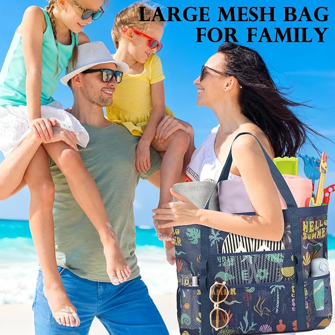 Mesh Beach Bag, Large Beach Tote with Zipper Pocket, Toys Pool Bag for Family Travel Vacation Cruise Essentials