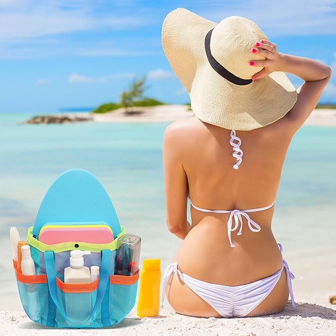 Mesh Beach Bag, Foldable Waterproof Sandproof Beach Storage Tote with 6 Pockets, Swim Tropical Vacation Pool Essential