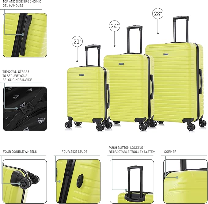 InUSA DEEP Luggage Set with Dual Spinner Wheels and Studs | Spacious Travel Suitcases with Ergonomic Handles | (20/24/28) 3 Piece Hardside Luggage Set | Greem