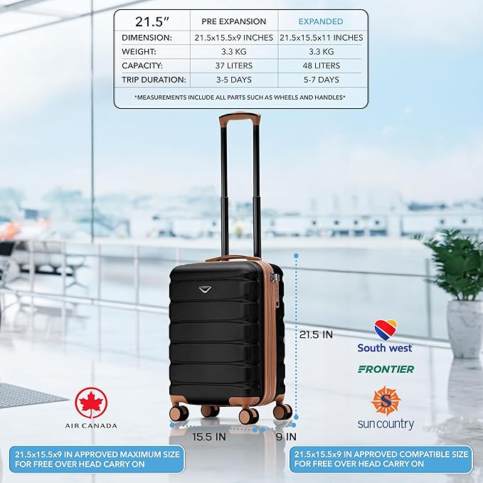 Flight Knight 21.5x15.5x9 Expandable Carry On Suitcase Hardside TSA Lock & USB C Port Lightweight Luggage Silent Double Spinner Wheels Maximum Canada Air Overhead Bag Airlines Approved Black/Tan